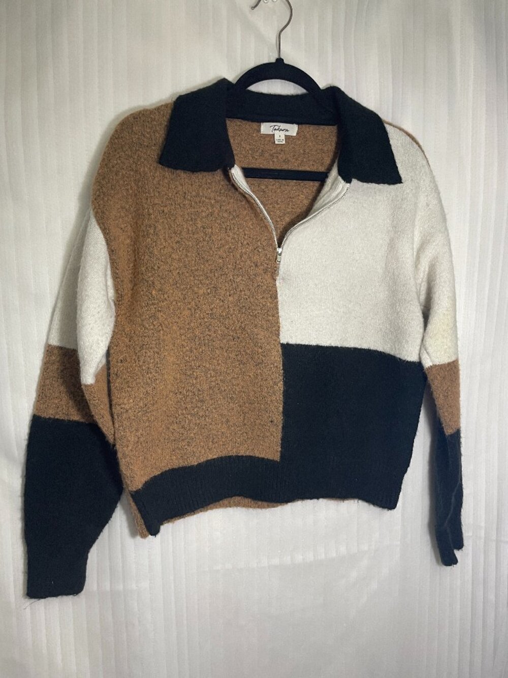 Takara Womens Medium Colorblock Half Zip Sweater Brown Cream Black Collared